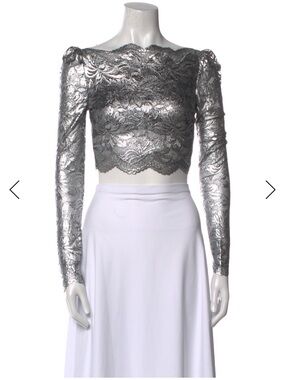 Paco Rabanne Silver Metallic Lace Cropped Long-Sleeve Top. This top is STUNNING